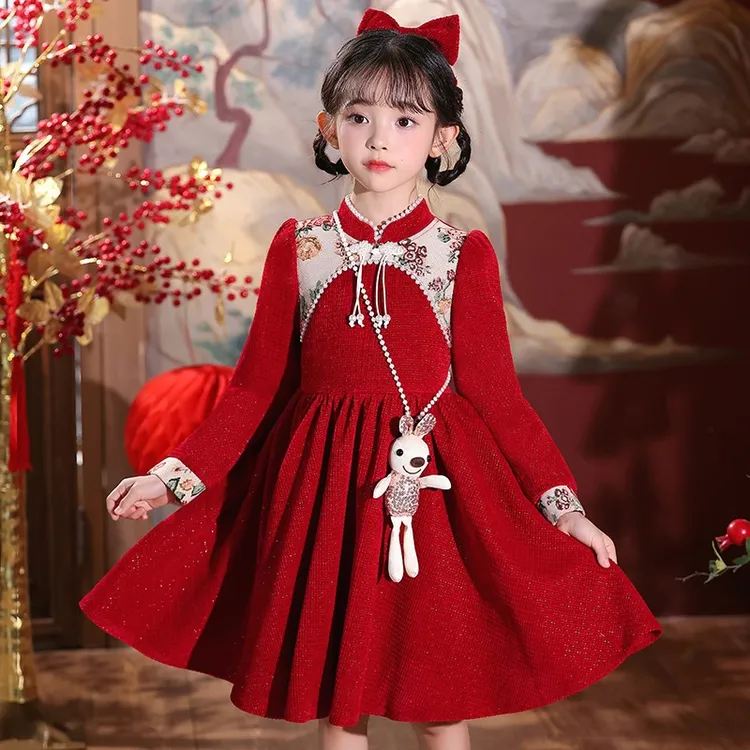 巴拉开门红女童连衣裙秋冬汉服新中式国风唐装儿童古风襦裙小女孩