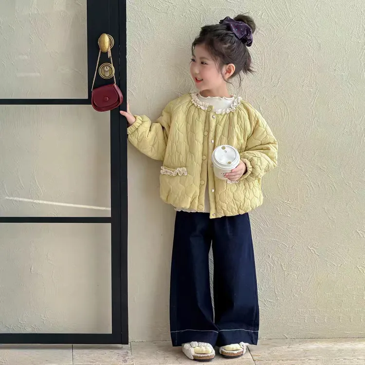女童外套秋冬款2025新款洋气女宝宝冬季棉袄儿童冬装花边夹棉棉服
