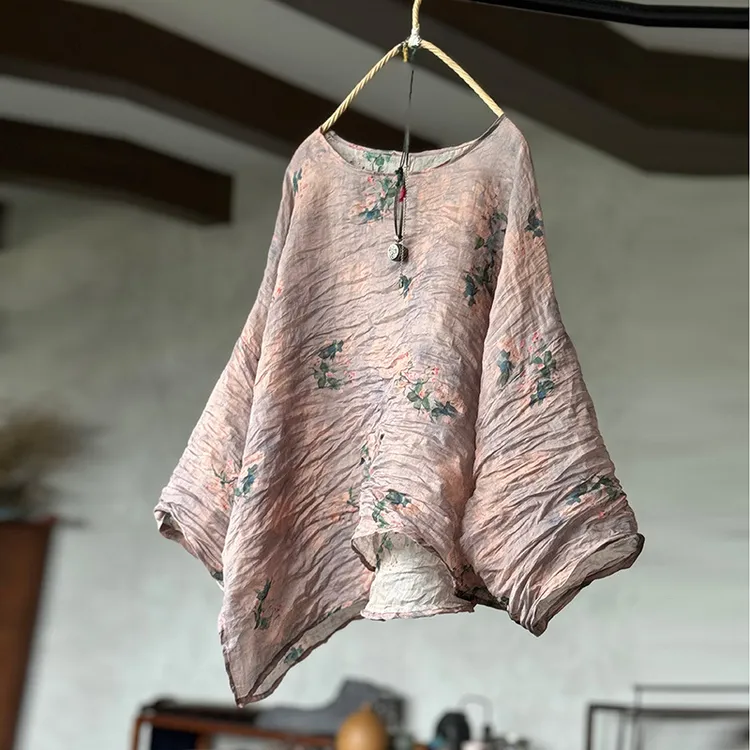 原创轻薄数码印花苎麻女式衬衫宽松休闲不规则下摆文艺小衫上衣夏