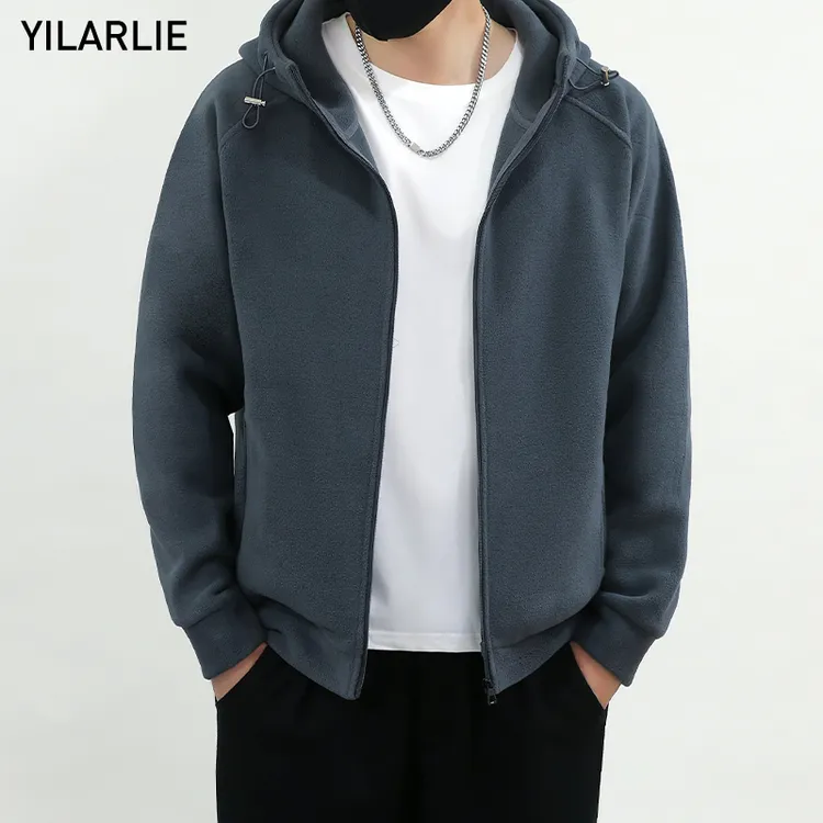 摇粒绒卫衣外套男士秋冬季新款连帽开衫加绒加厚保暖上衣休闲夹克