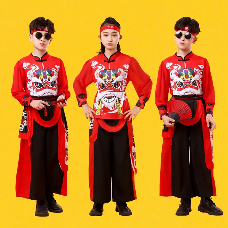 国潮演出服打鼓服喜庆中国红舞蹈服秧歌服广场舞走秀服练功服套装
