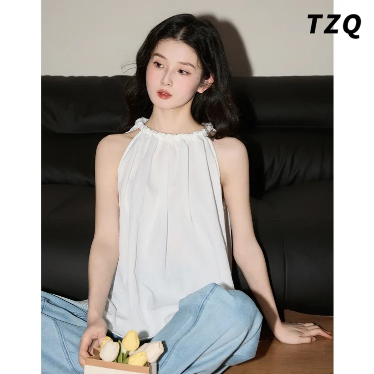 设计感无袖挂脖背心衬衫女2025年夏季新款衬衣圆领上衣TZQ2541204