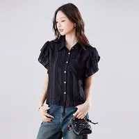 翻领条纹肌理短袖衬衫女气质温柔小众通勤时尚设计感衬衣