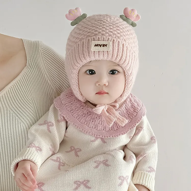 韩版女婴儿帽子秋冬季保暖加厚针织护耳帽女宝宝小月龄防风毛线帽