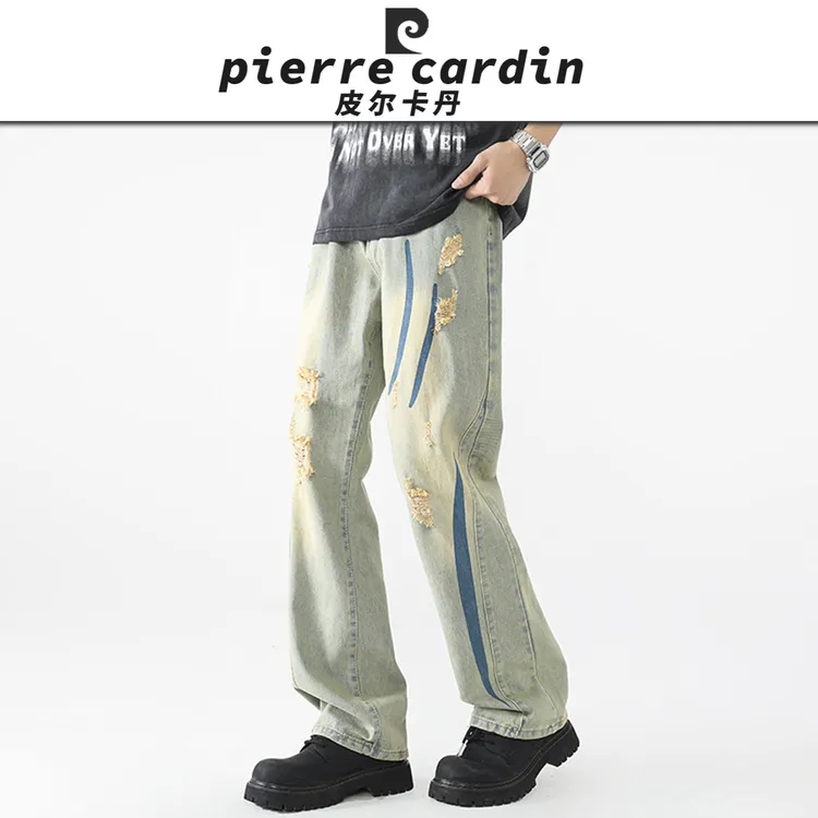 皮尔卡丹【官方】美式黄泥破洞牛仔裤男款直筒裤子宽松休闲痞帅长裤