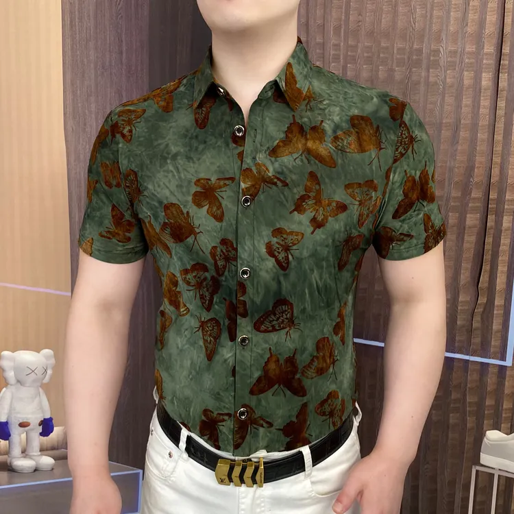 《丛林金蝶》2025夏衬衫商务时尚休闲百搭潮流个性男士修身翻领帅气