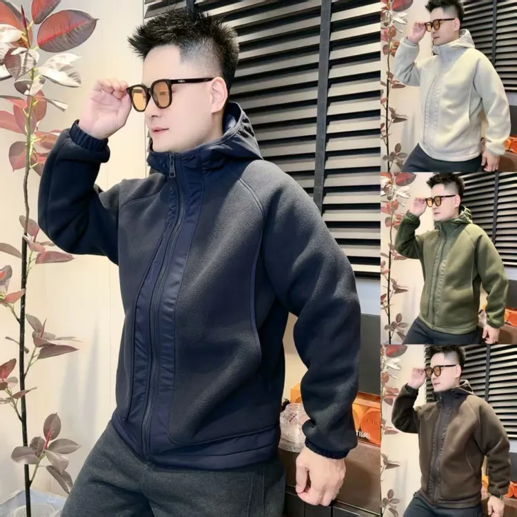 加厚摇粒绒拼接连帽外套冬季新款男士时尚痞帅慵懒风外套58606
