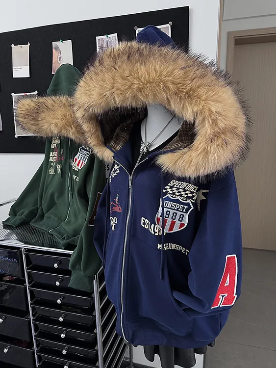 BIG BIU美式勋章刺绣连帽卫衣女秋冬可拆卸大毛领拉链情侣外套潮