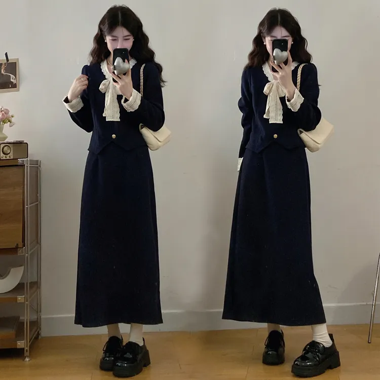 大码气质高级感套装女秋冬法式蝴蝶结上衣胖MM显瘦半身裙子两件套