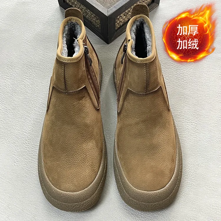 冬季新款加绒加厚头层牛皮男士中高帮侧拉链厚底马丁靴软底真皮鞋