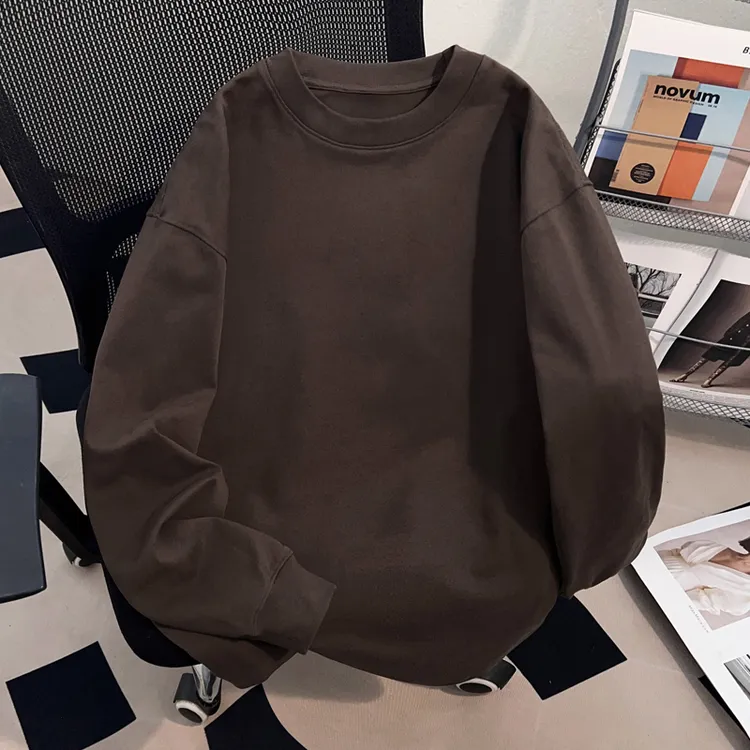 Dekkry潮流百搭棕色t恤男女秋冬流行纯棉长袖情侣装圆领纯色上衣