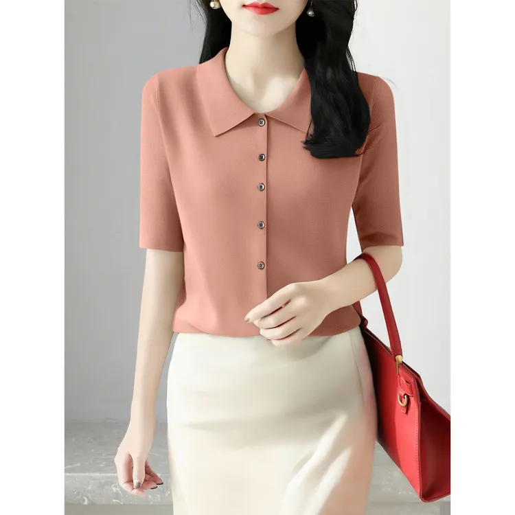 2025夏季高级感五分袖上衣小众POLO衫通勤设计纯色修身显瘦t恤女