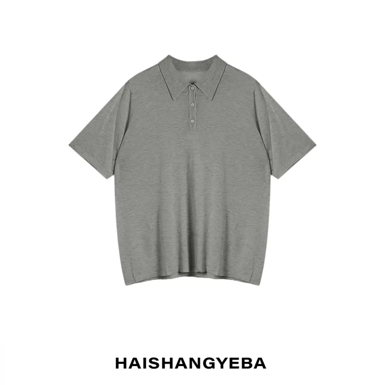 【海上叶爸】新款2025夏季百搭绵羊毛翻领纯色简约宽松休闲T恤