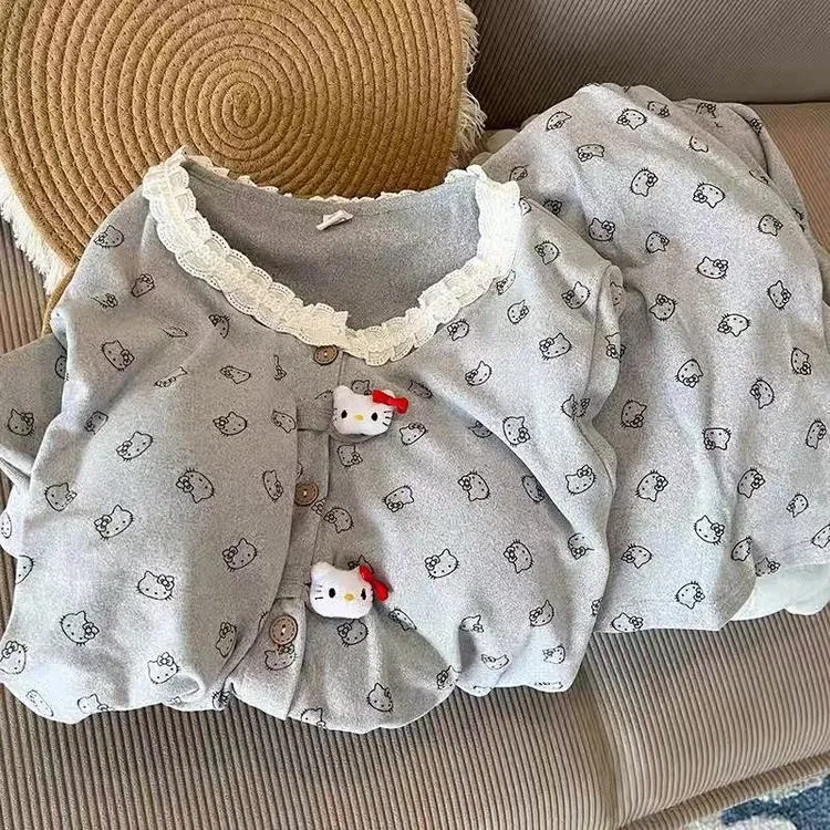 带胸垫灰KT猫睡衣女款秋冬季磨毛德绒加厚长袖裤两件套可爱家居服