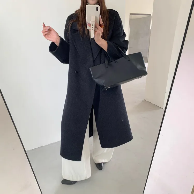 网红爆款秋冬季双面羊毛大衣女韩系宽松休闲风中长款通勤毛呢外套