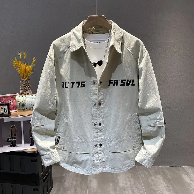 2025春秋新款男士痞帅字母印花纯棉透气个性韩版青年翻领衬衣夹克