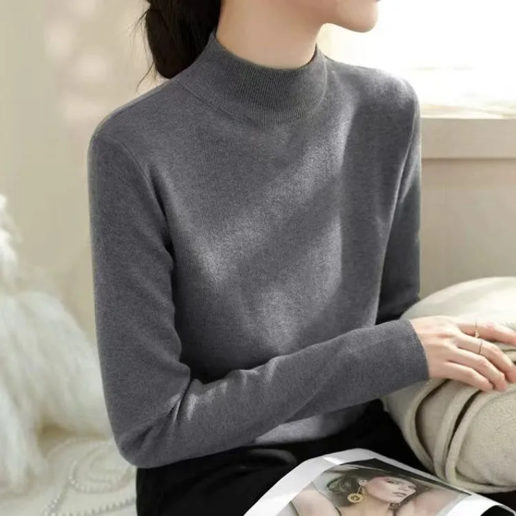 灰色半高领针织打底衫女秋冬高级感百搭修身毛衣洋气内搭长袖上衣