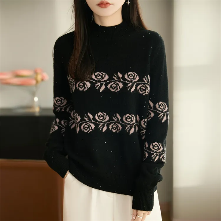 哥弟阿玛施正品冬季新款女毛针织衫半高领黑色玫瑰花珠片打底毛衣