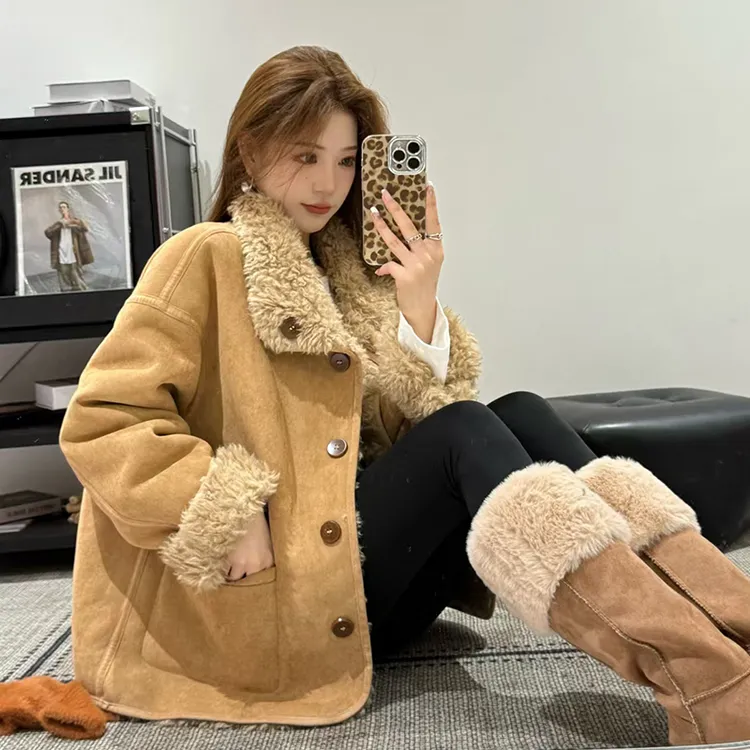 两面穿皮毛一体仿羊羔毛机车服女冬季中长款宽松加厚麂皮毛毛外套