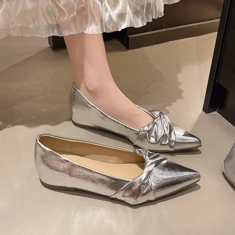 法式气质浅口单鞋女2025新款扭结内增高坡跟尖头女鞋百搭平底瓢鞋