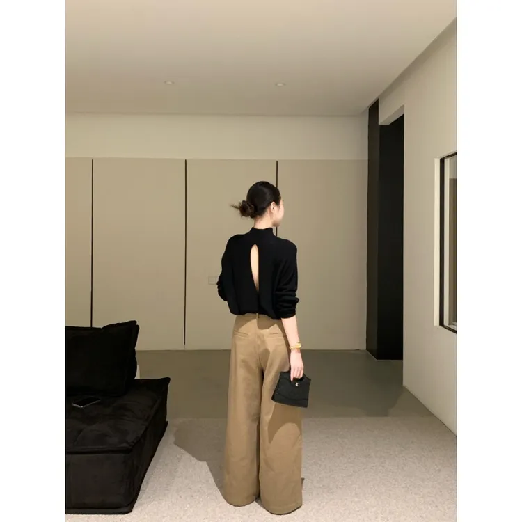 MARIE.COCO法式复古露背设计感黑色针织上衣直筒阔腿裤秋季两件套