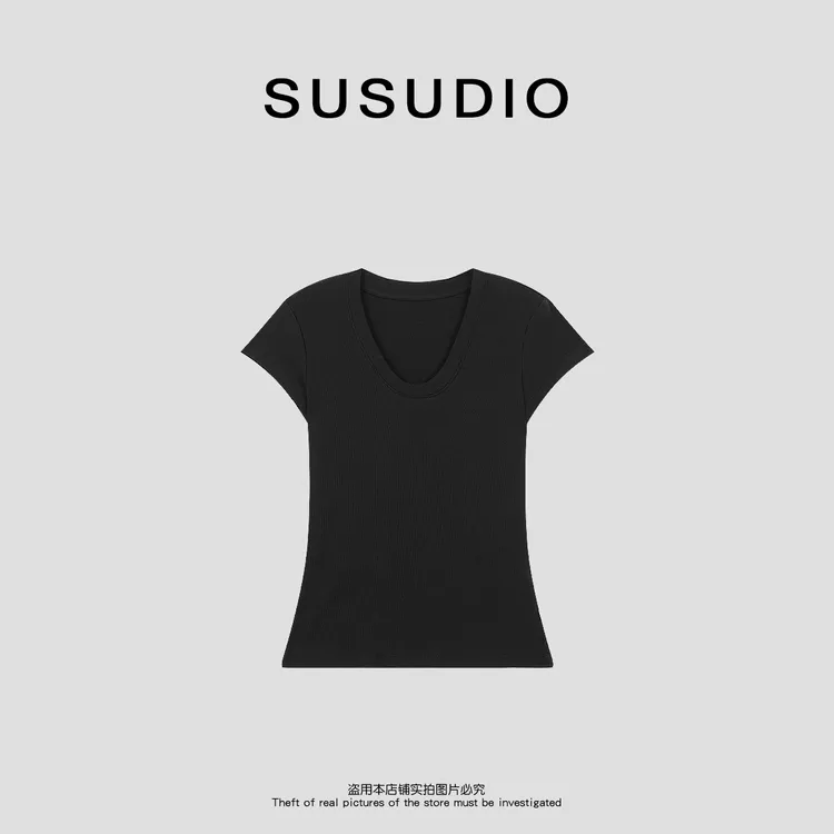 SUSUDIO 夏季纯色简约水滴领百搭小飞袖显瘦打底衫短袖T恤 10338