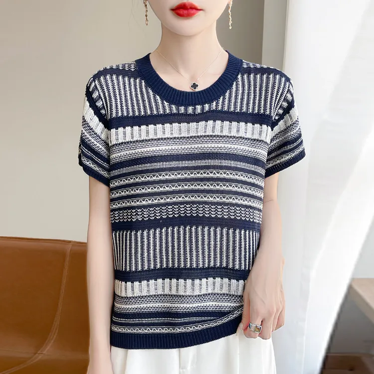 夏季天丝苎麻圆领提花短袖t恤女宽松显瘦套头半袖打底衫条纹洋气