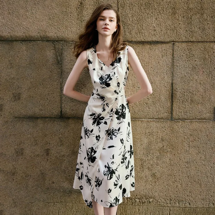 navigare意大利小帆船法式印花无袖连衣裙女士收腰修身长款裙子夏