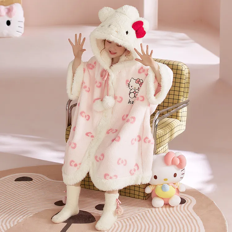 秋冬款女童浴袍加厚斗篷睡袍保暖法兰绒连帽可外穿儿童珊瑚绒睡衣