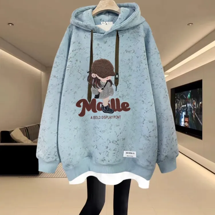 连帽卫衣女2025秋冬新款中长款假两件遮屁股加绒加厚宽松上衣外套