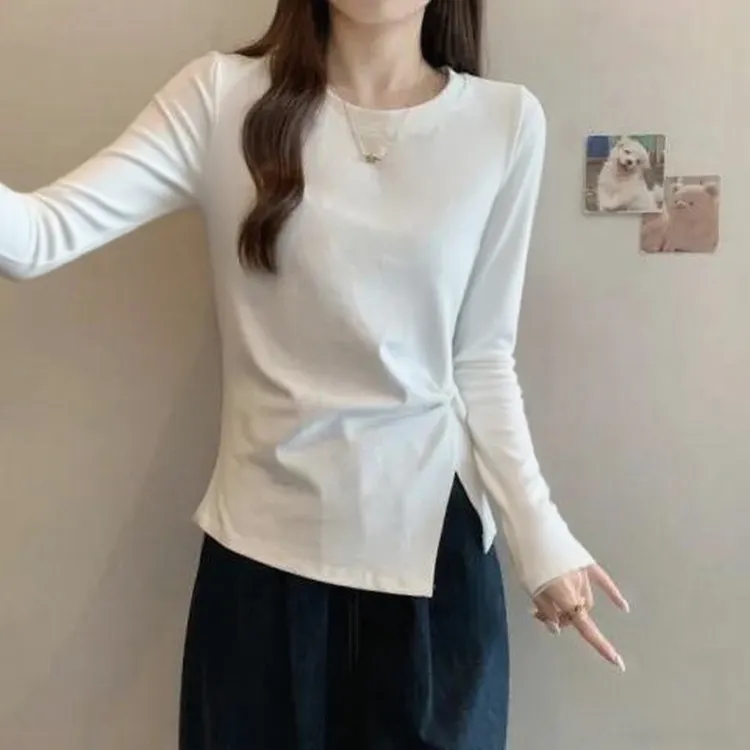 慵懒风T恤女秋冬季新款长袖抽褶2025修身显瘦纯色百搭时尚上衣