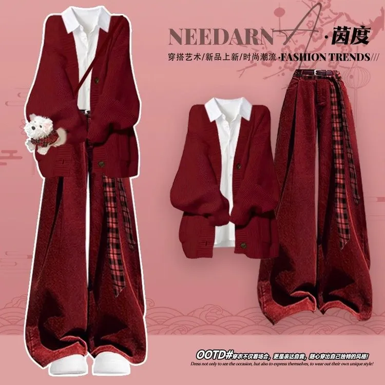 秋冬套装女2025新款圣诞氛围感针织开衫内搭衬衫显瘦休闲裤三件套