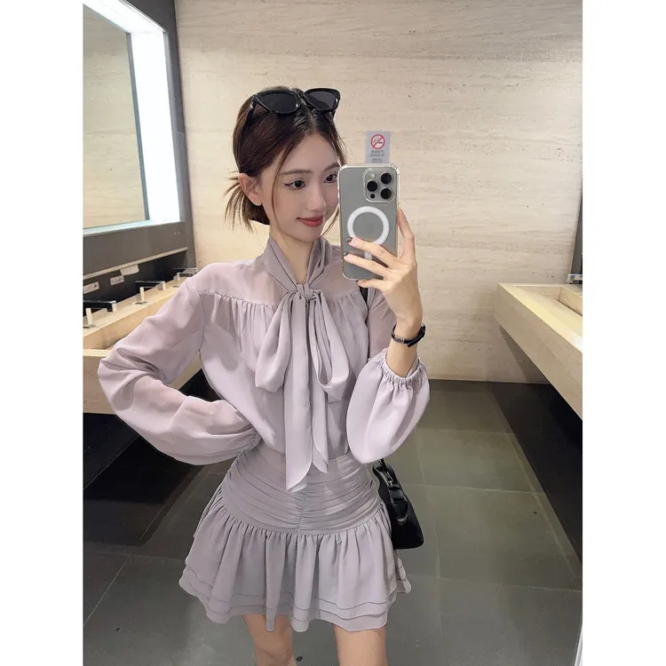 【月落星河】蝴蝶结上衣衬衫+显瘦半身短裙两件套法式气质衬衣35870