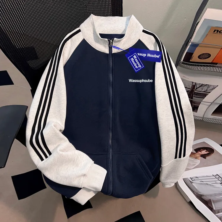 WASSUP HSUBE三条杠秋冬款开衫立领卫衣棒球服百搭休闲男女上衣服