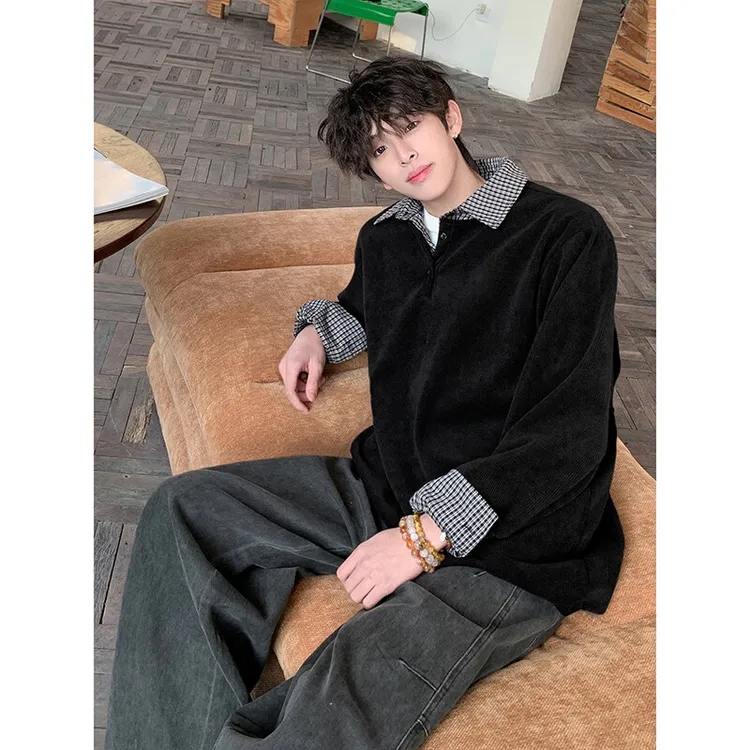 衬衫领假两件卫衣男春秋格子拼接内搭少年感穿搭cleanfit美式外套