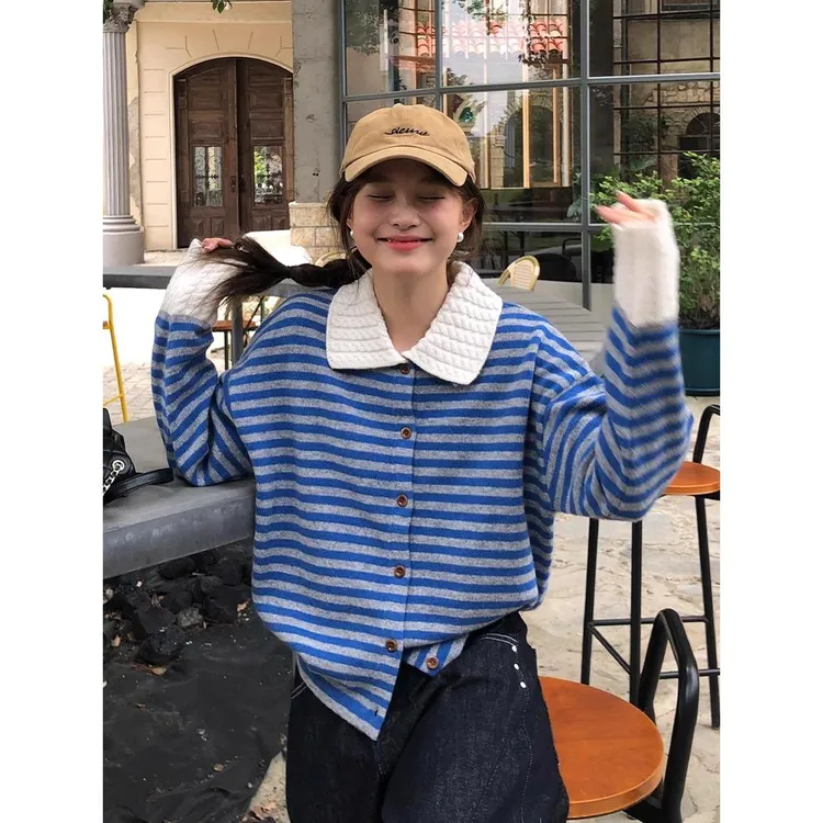 小香风条纹polo领长袖毛衣针织衫女早秋季慵懒松弛感穿搭外套上衣