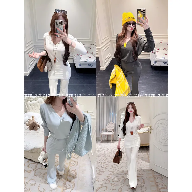 TUTU【身材法则】高级修身显瘦休闲长袖上衣阔腿长裤套装#TZ2207