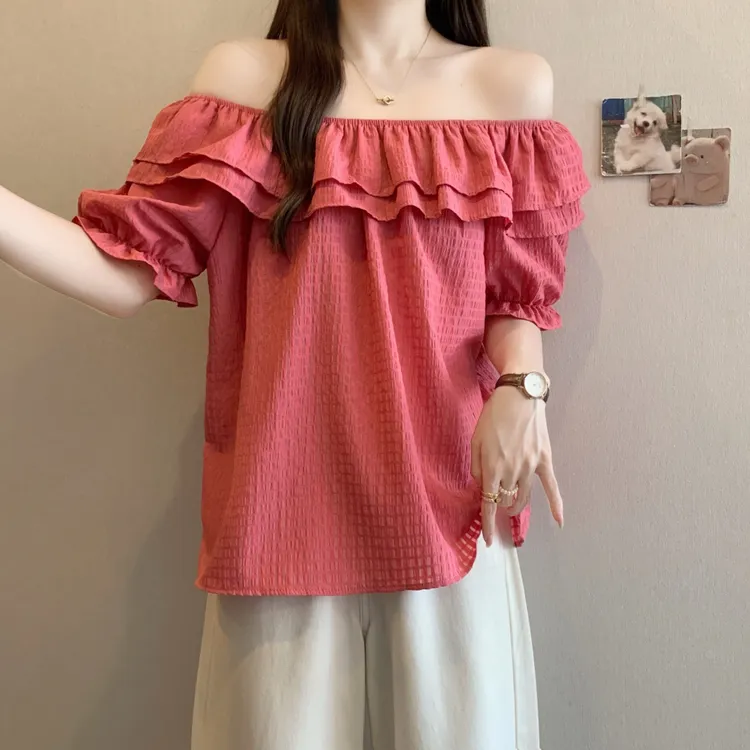 一字肩高级感玫红色短袖衬衫女2025夏季大码胖mm遮肉独特漂亮上衣