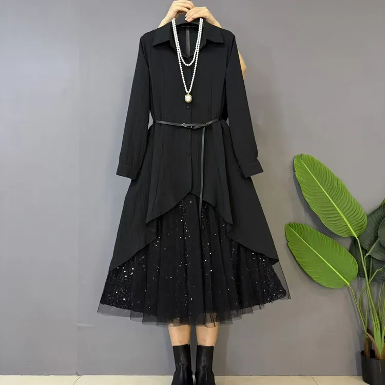 2025新款大码女装时尚气质不规则下摆长衫十半身裙两件套套装