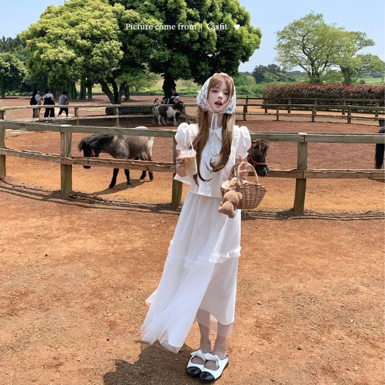 【white回忆录】韩系甜美少女百褶彼得潘领衬衫配木耳边半身裙套装