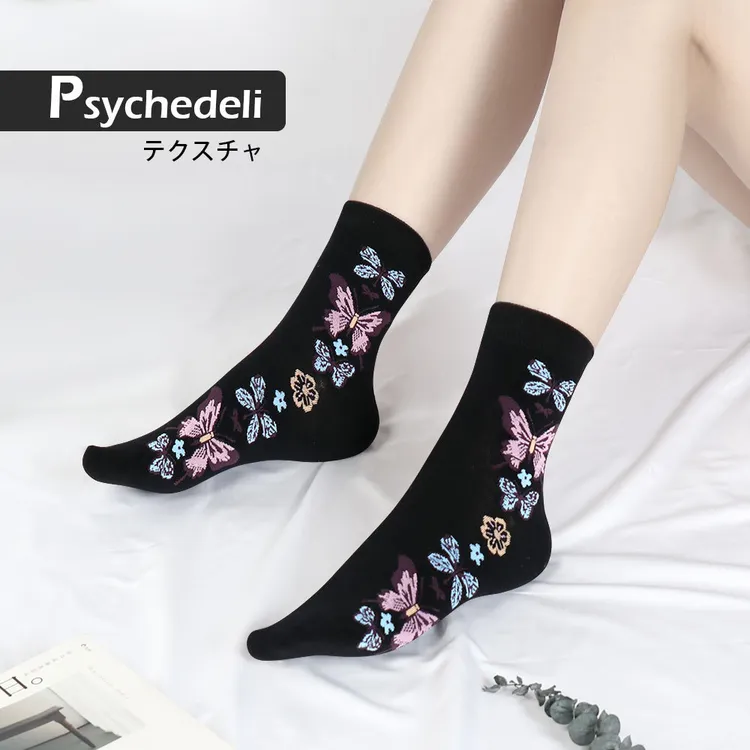 女中筒袜ins潮春秋日系个性学院风长袜花朵潮流中筒女袜批发