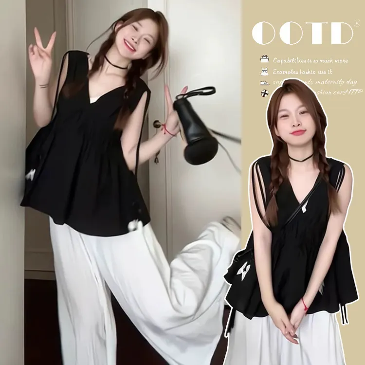 时髦孕妇装新款设计感领上衣宽松阔腿裤子显瘦休闲时尚洋气两件套