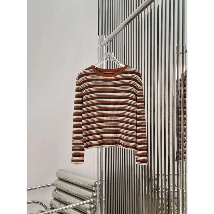 裴秀智同款 撞色圆领条纹长袖显瘦针织套头衫