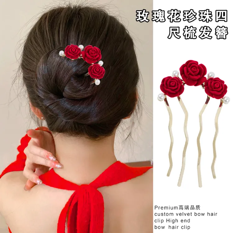 新款古风四齿玫瑰发簪插梳新中式发簪四齿梳盘发丸子扎发发饰头饰