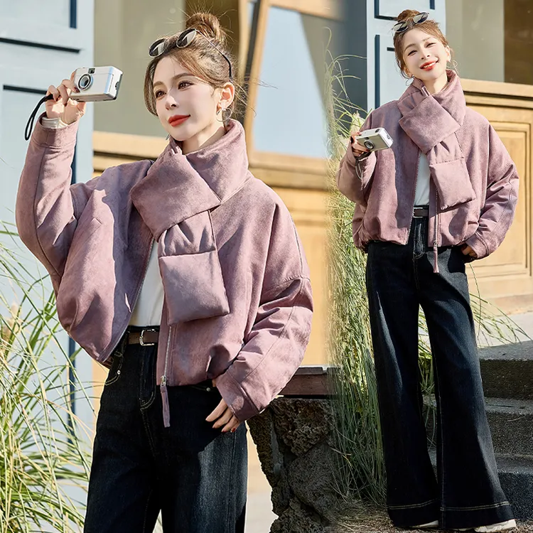 紫色围脖设计感90白鸭绒羽绒服外套女冬季2025新款短款小个子爆款