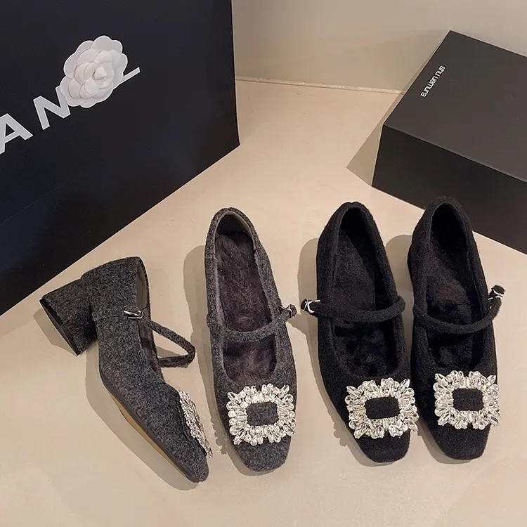 女士气质玛丽珍鞋女加绒法式晚风方头水钻呢子毛毛鞋女秋冬高跟鞋