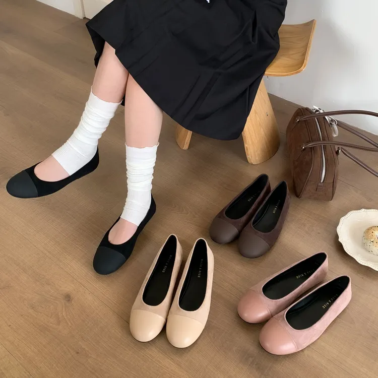 春季新款低跟平底鞋圆头绒面拼接奶奶鞋子法式复古浅口玛丽珍单鞋