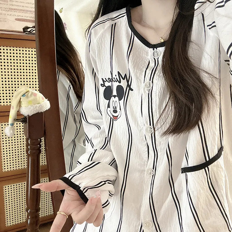 日系黑条纹米奇睡衣少女心春秋季可爱泡泡棉长袖学生两件套家居服