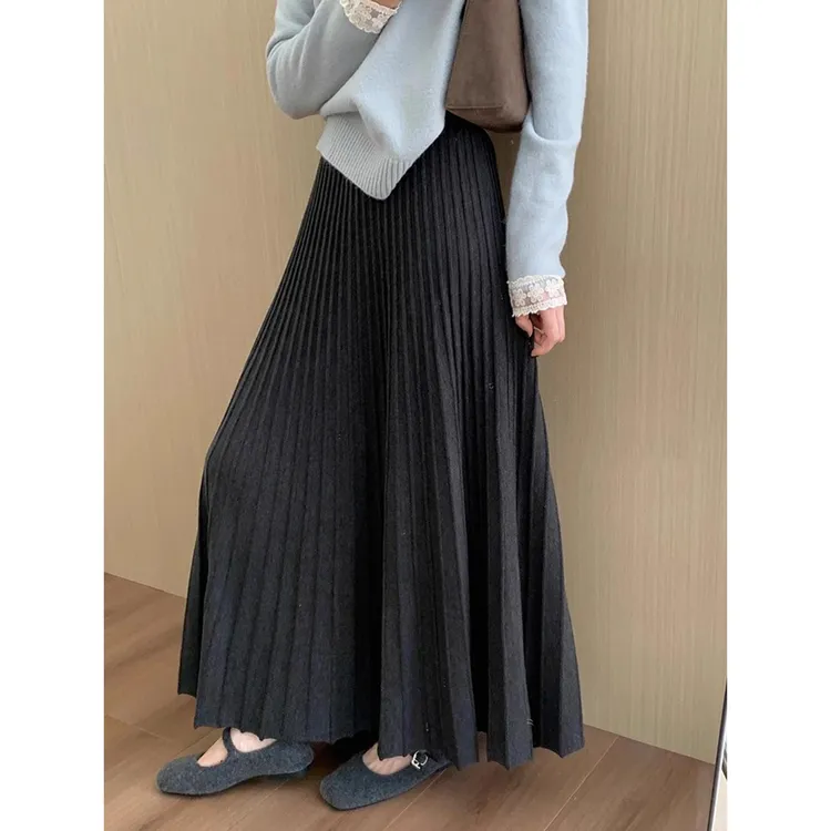 灰色高腰显瘦加厚百褶针织半身裙女春秋韩版百搭休闲淑女风伞裙