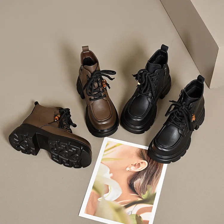 xizi/昔子6002新款系带短靴秋冬侧拉链马丁靴韩版百搭时尚厚底靴